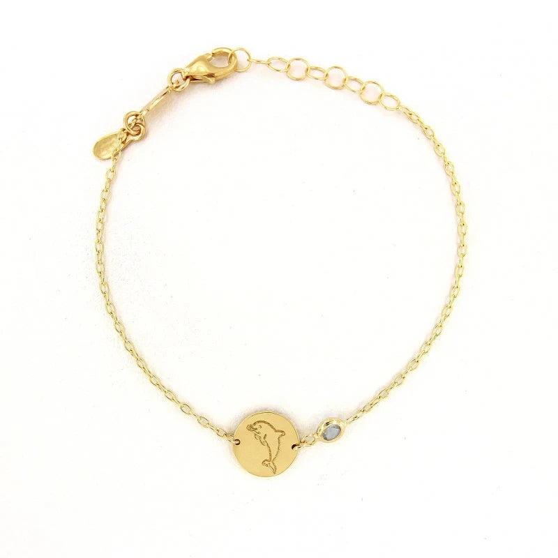 Baby Kinder Gelbgold Bracelet mit Delfin & Gratis Gravur - Hellblau GB-9453