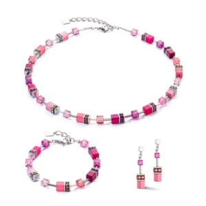 Coeur de Lion Damen Schmuck-Set GeoCUBE Iconic Viva Magenta Silber - 2838/50-0422